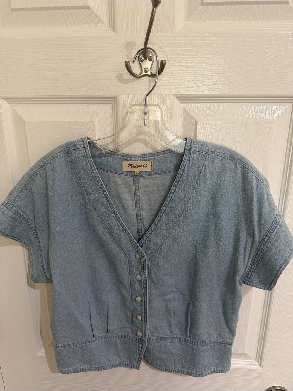 Madewell Washed Light Blue Denim Button-Front V-Neck Top